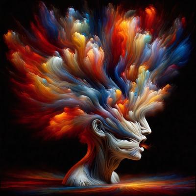 The primary subject of the image is a head with a vibrant, colorful, and artistic design. The head is depicted with a mix of colors, including red, blue, yellow, and orange. The setting is a dark background, which contrasts with the bright colors of the head. The visual style of the image is a combination of digital art and illustration, creating a unique and eye-catching representation of the head. The overall atmosphere of the image is lively and energetic, with the vivid colors and artistic design capturing the viewer's attention.